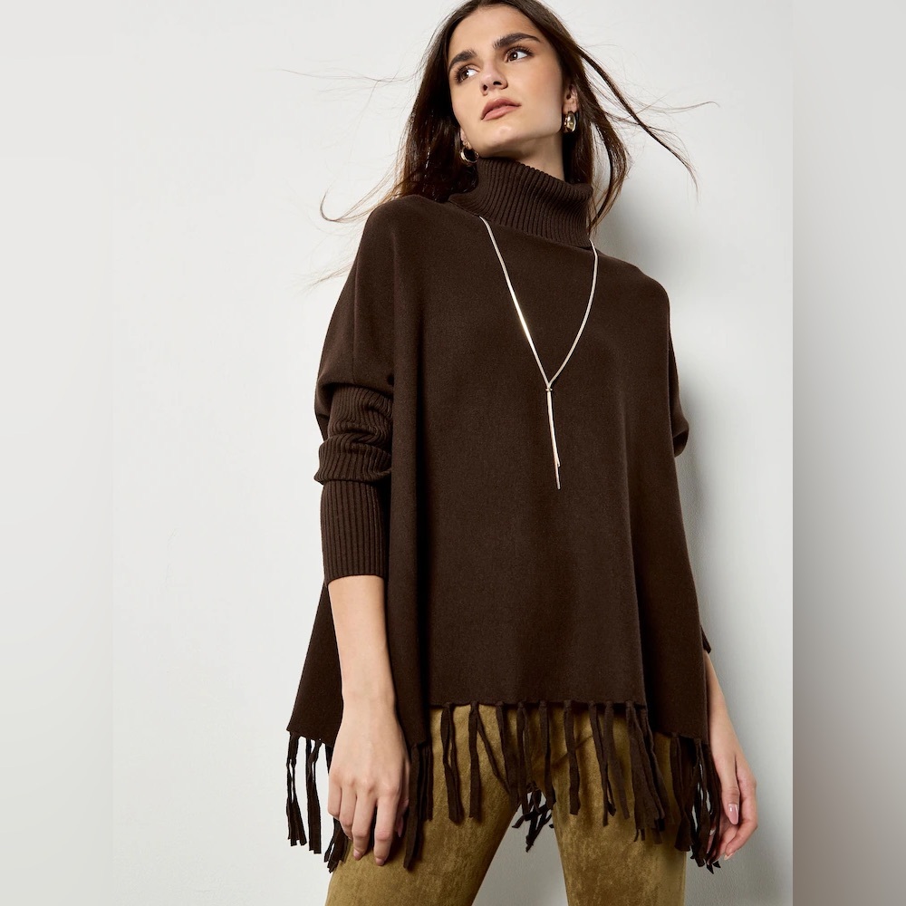 Apricot 🍑 - Brown Fringe Turtleneck Poncho Sweater